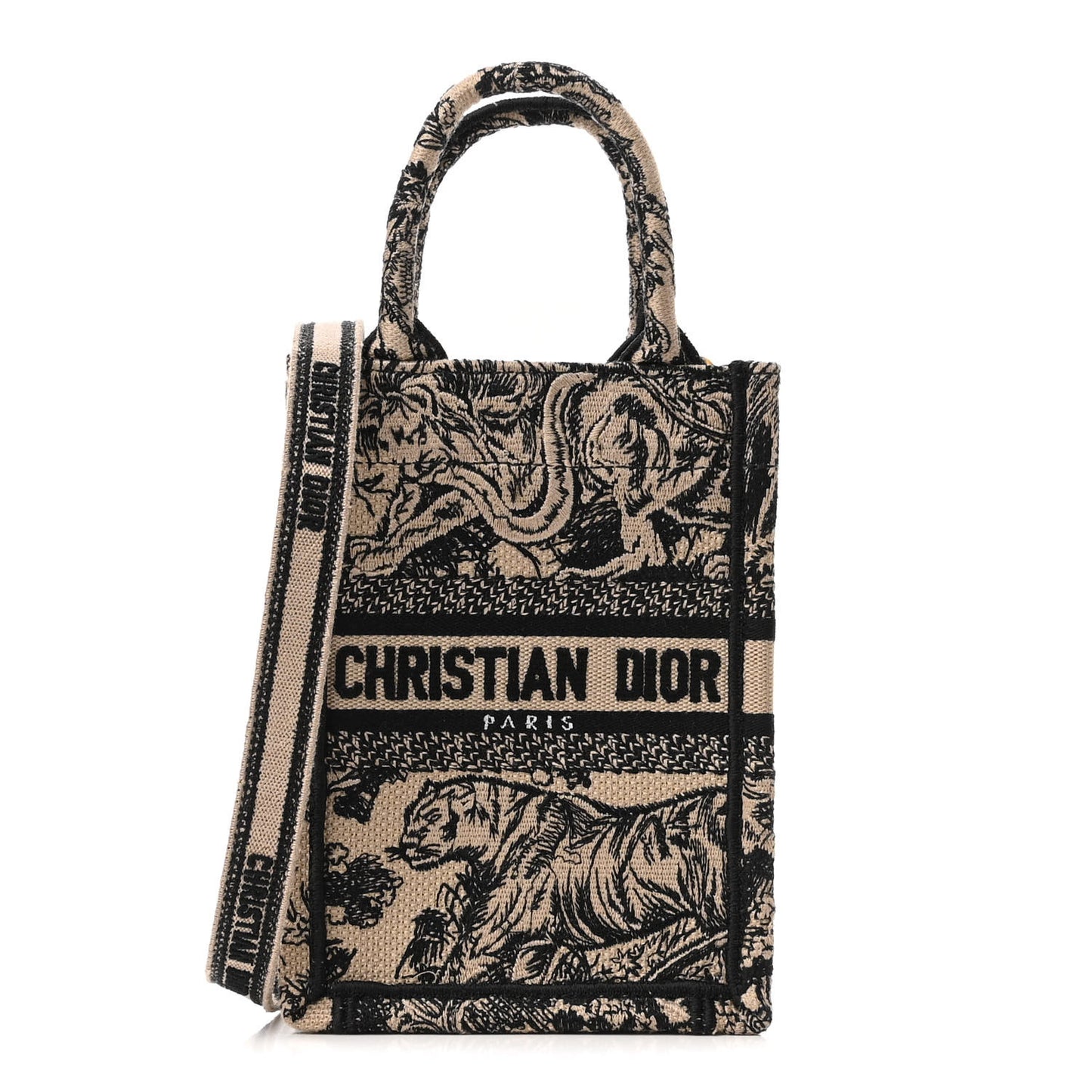 Canvas Toile de Jouy Embroidered Mini Book Tote Phone Bag Beige Black
