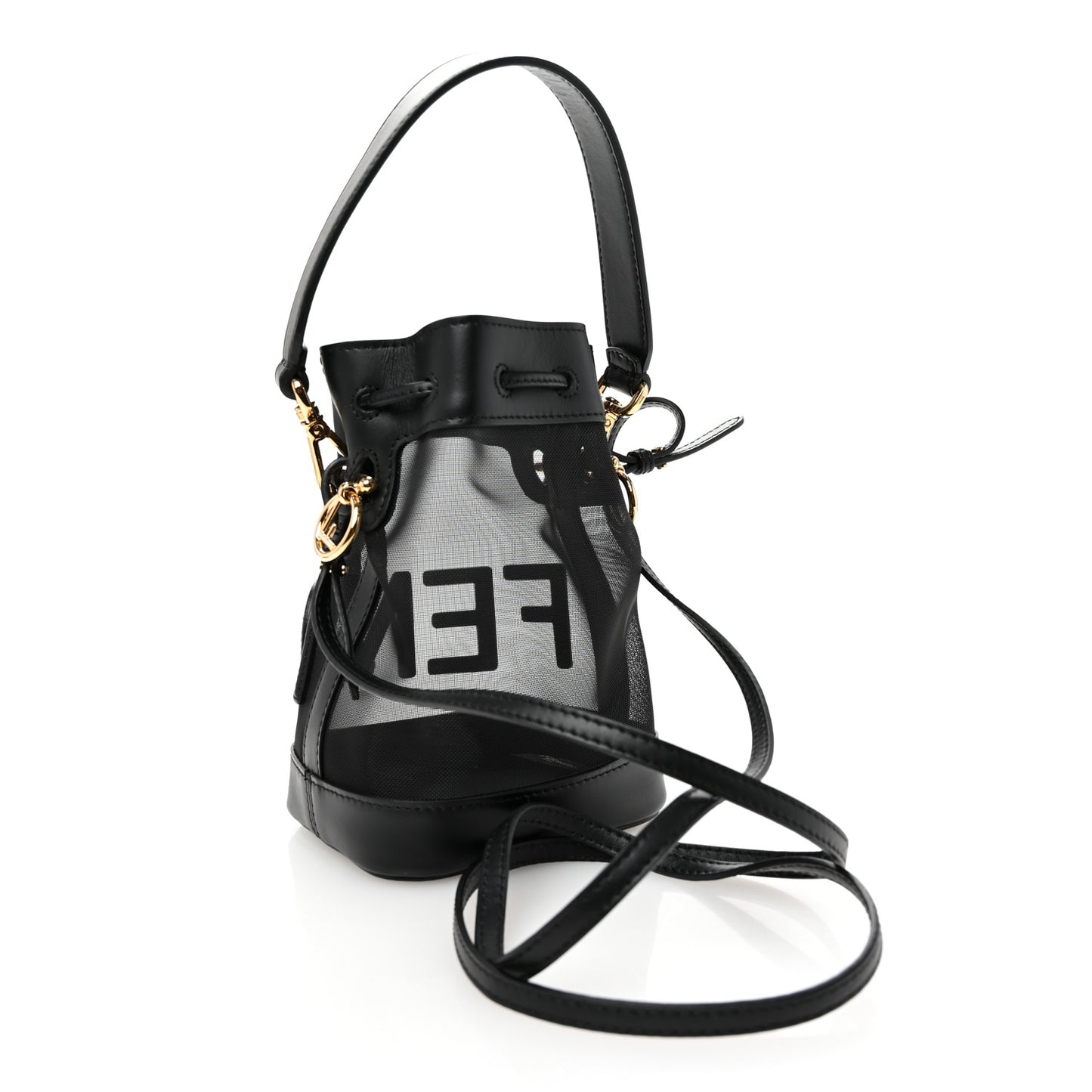 Mesh Vitello King F is Fendi Logo Embroidered Mini Mon Tresor Bucket Bag Black