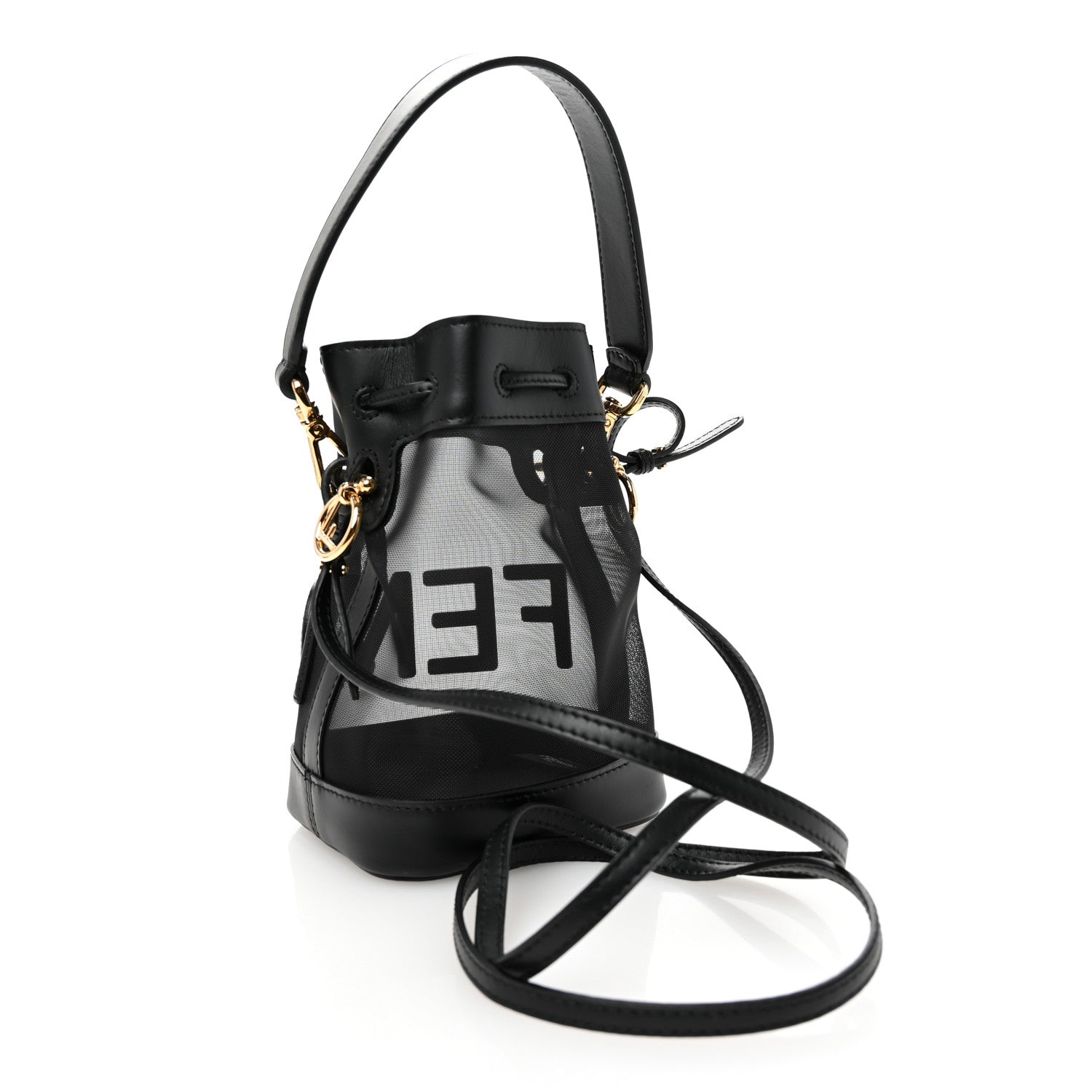 Fendi Mesh Vitello King F is Fendi Logo Embroidered Mini Mon Tresor Bucket Bag Black 3 of 10