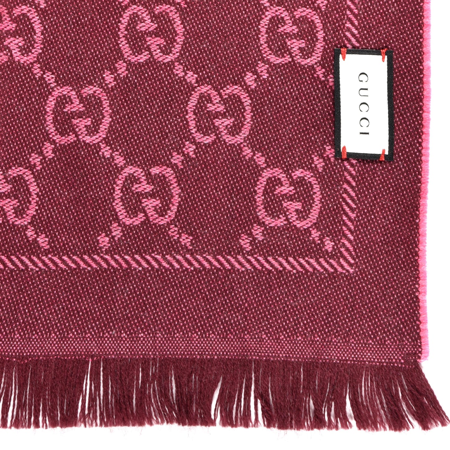 Wool Jacquard Monogram Reversible Stencil Fringe Scarf Pink Red