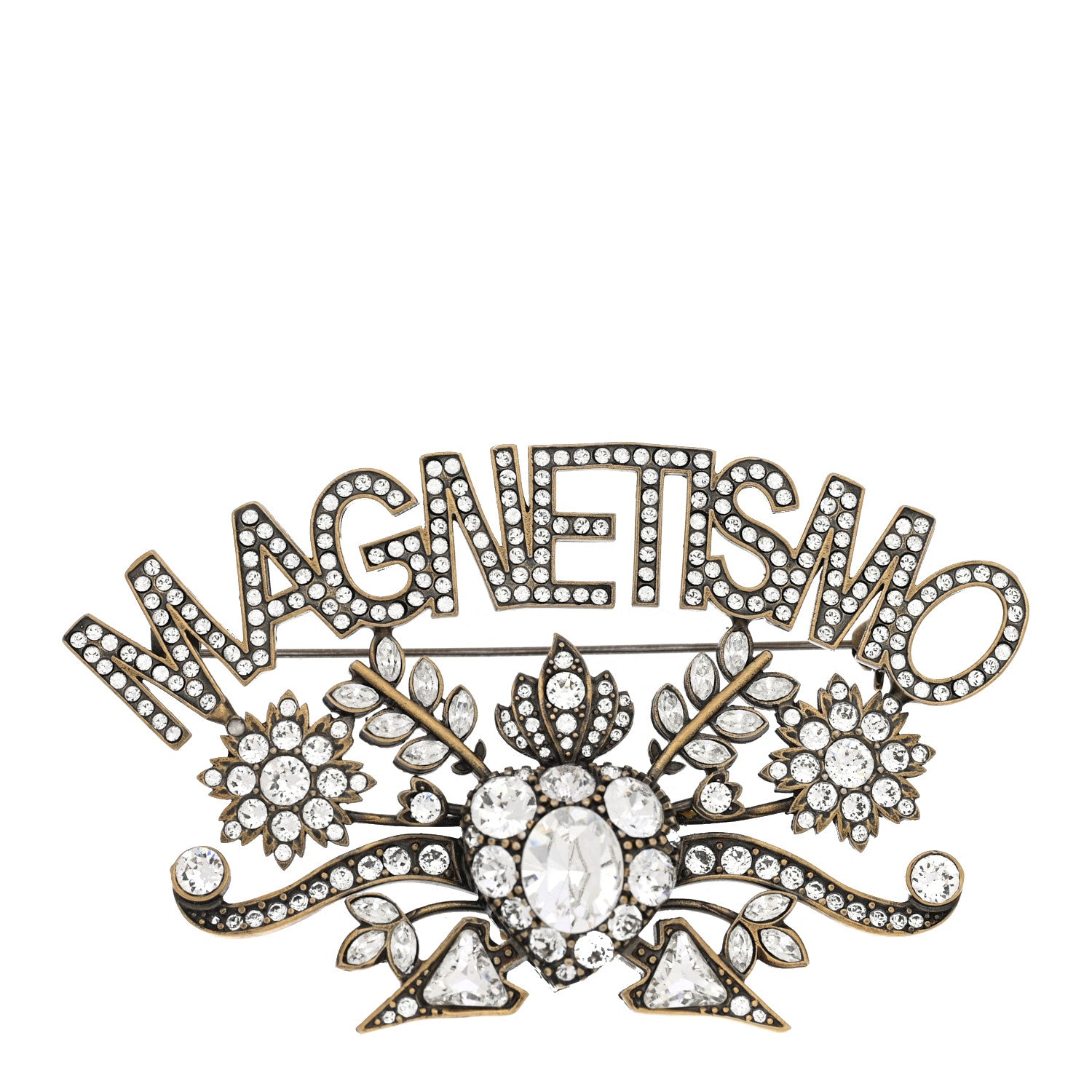 Gucci Metal Crystal Magnetismo Brooch Aged Gold 1 of 3