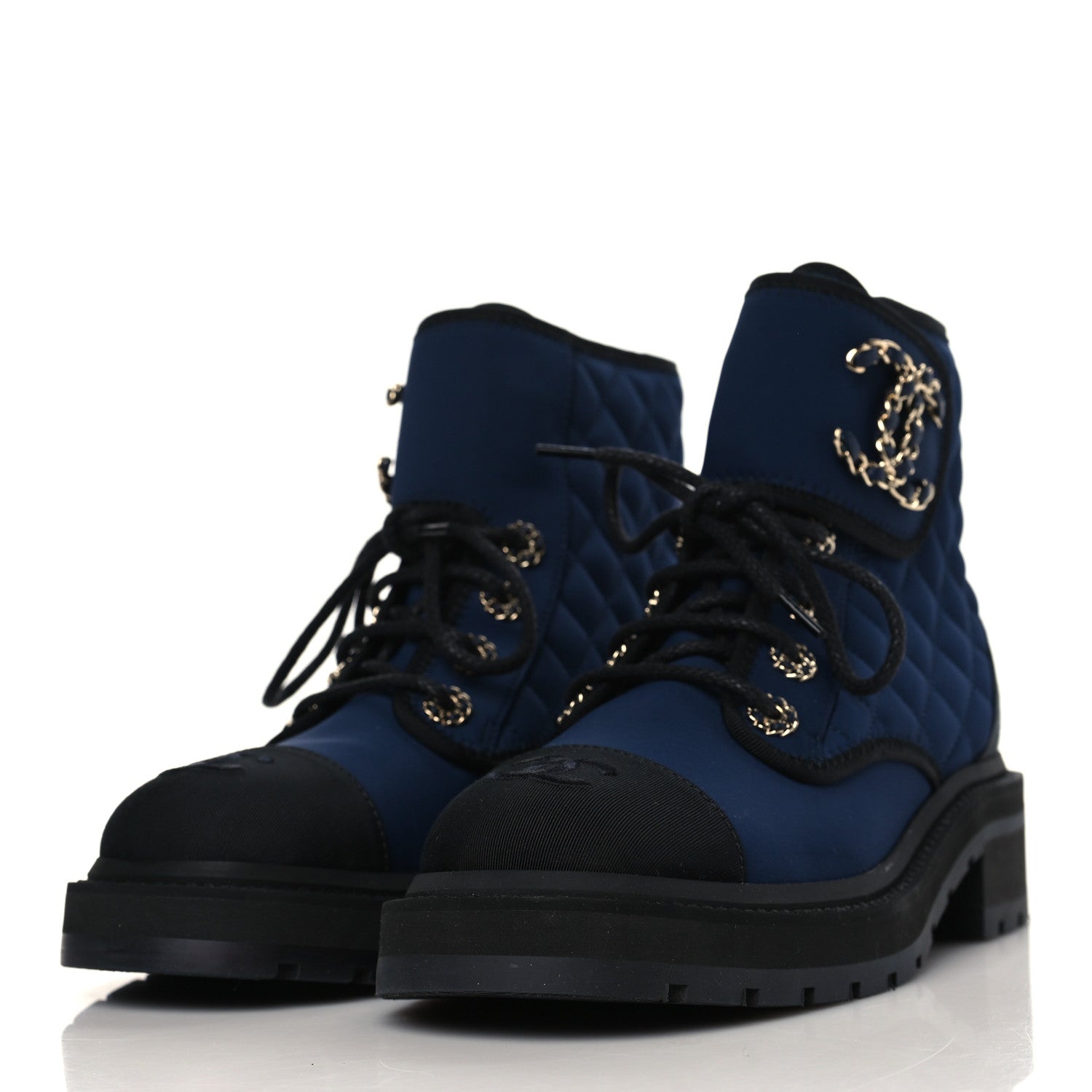 Chanel Fabric Grosgrain Quilted Cap Toe Lace Up Combat Boots 37.5 Navy Black 3 of 7