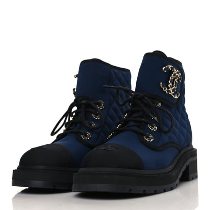 Chanel Fabric Grosgrain Quilted Cap Toe Lace Up Combat Boots 37.5 Navy Black 3 of 7