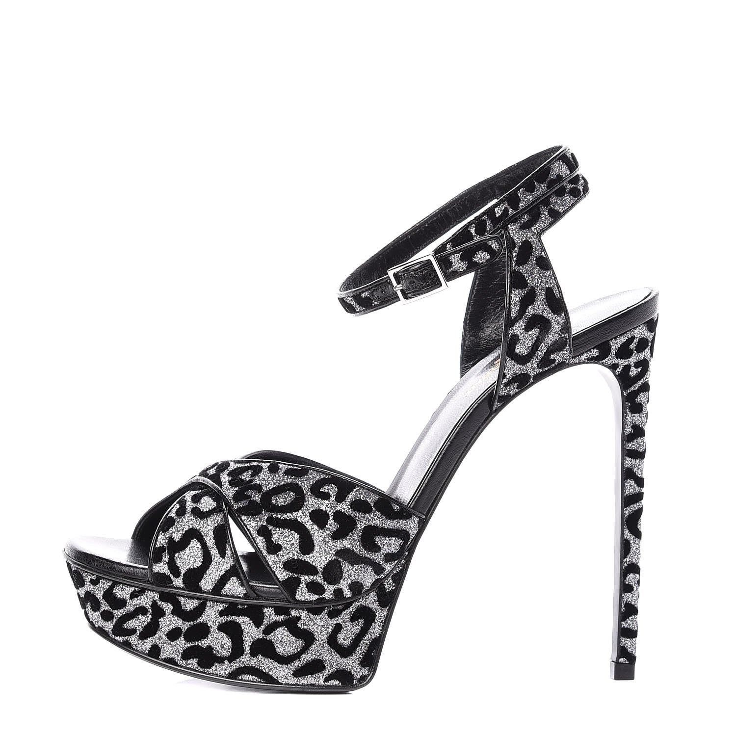 Saint Laurent Velvet Glitter Leopard Print Platform Sandals 40 Argento Black 2 of 18