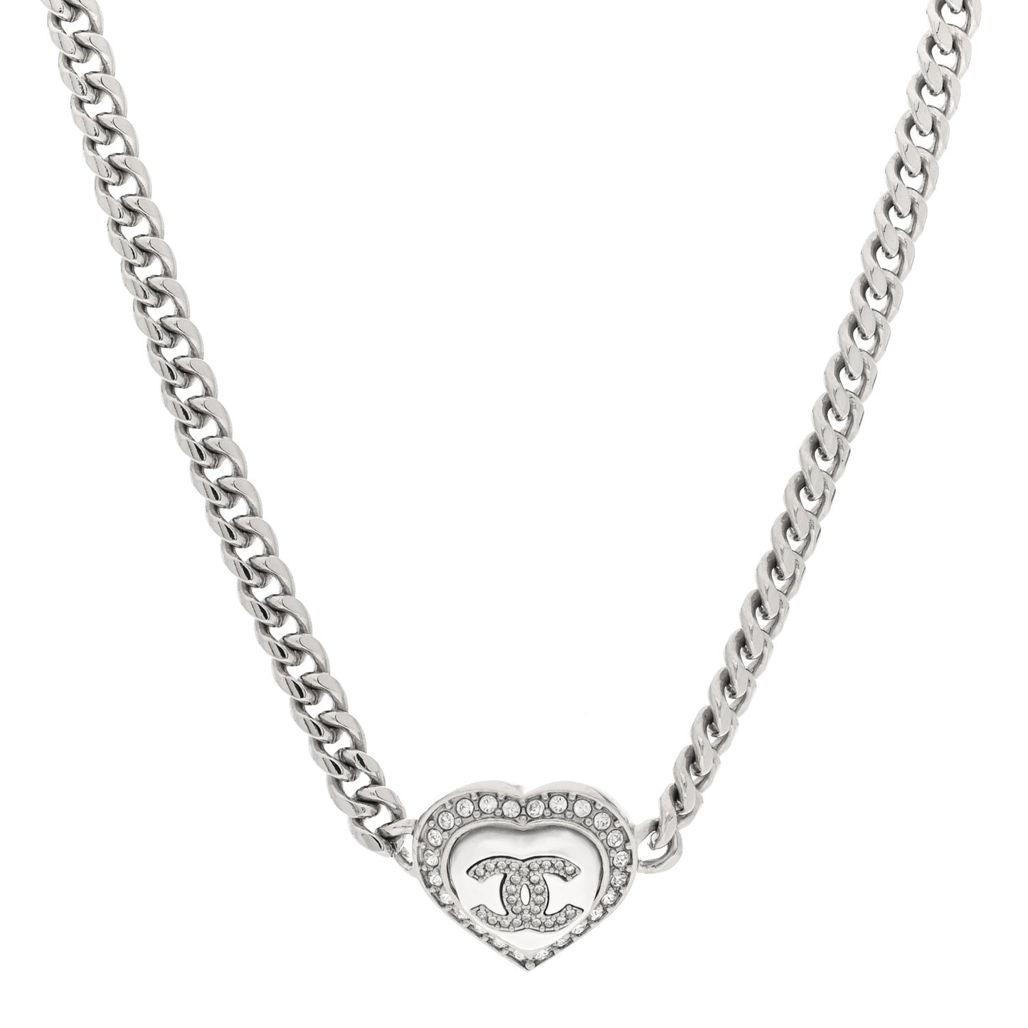 Pearl Crystal CC Heart Choker Necklace Silver