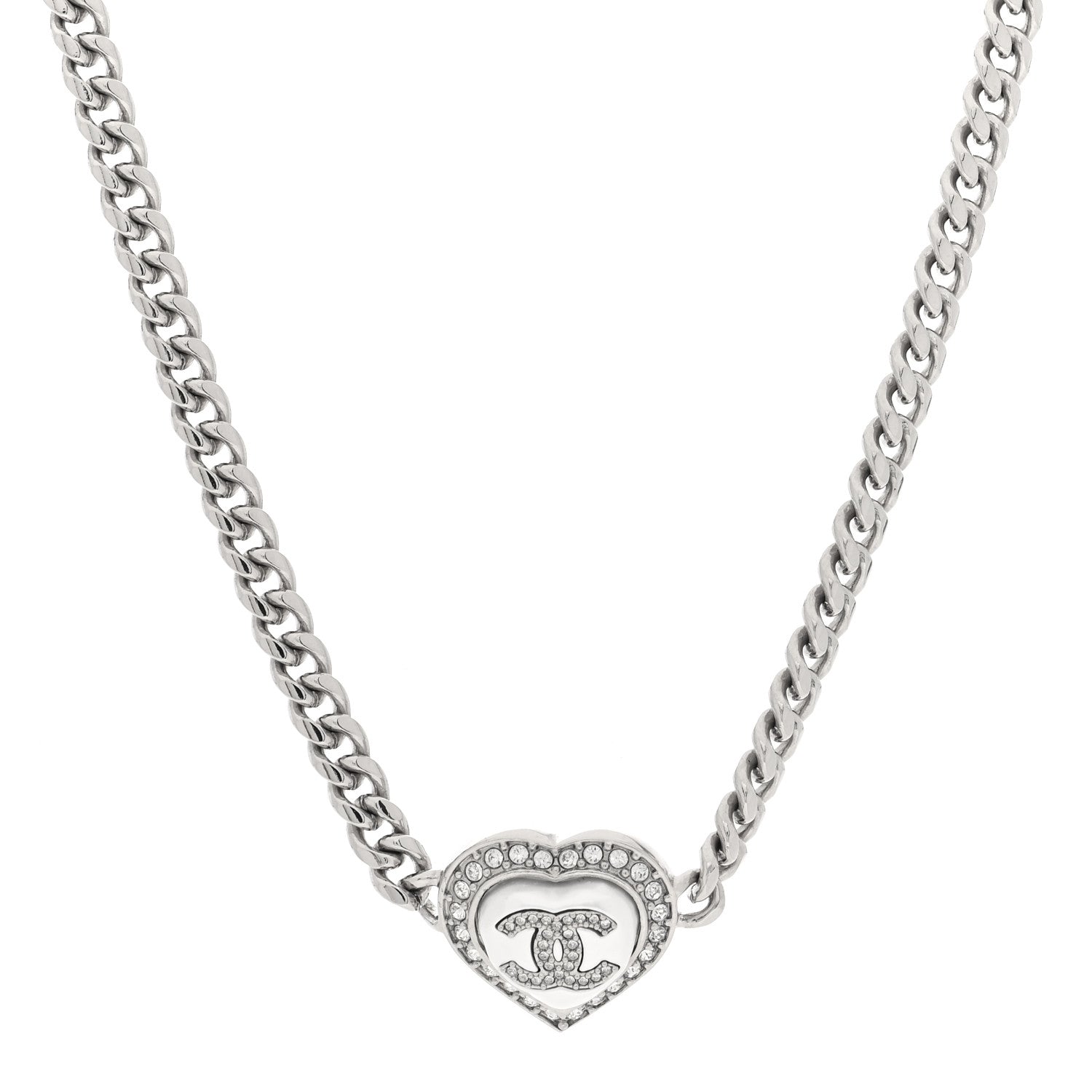Chanel Pearl Crystal CC Heart Choker Necklace Silver 1 of 4