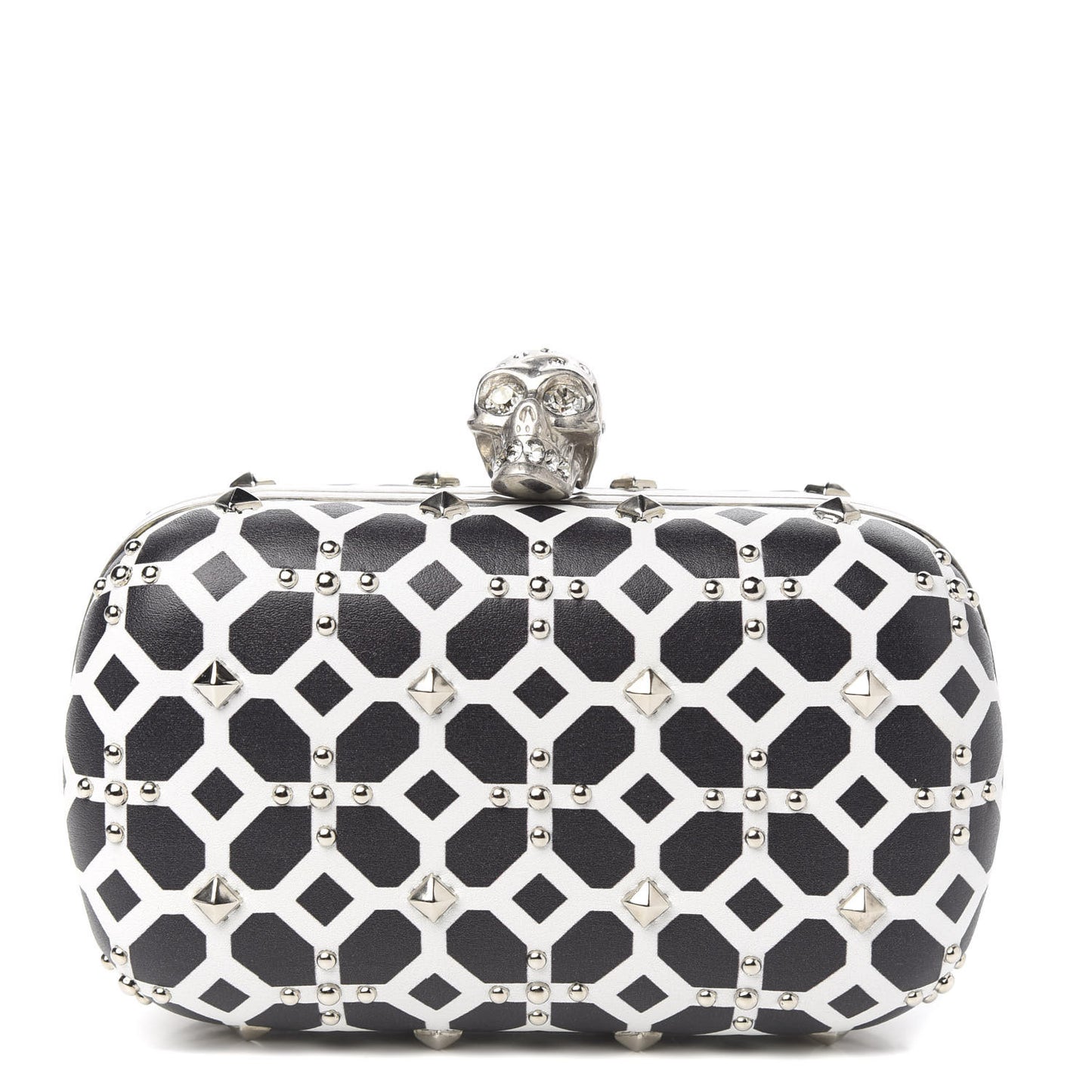 Lambskin Studded Skull Box Clutch Ivory Black