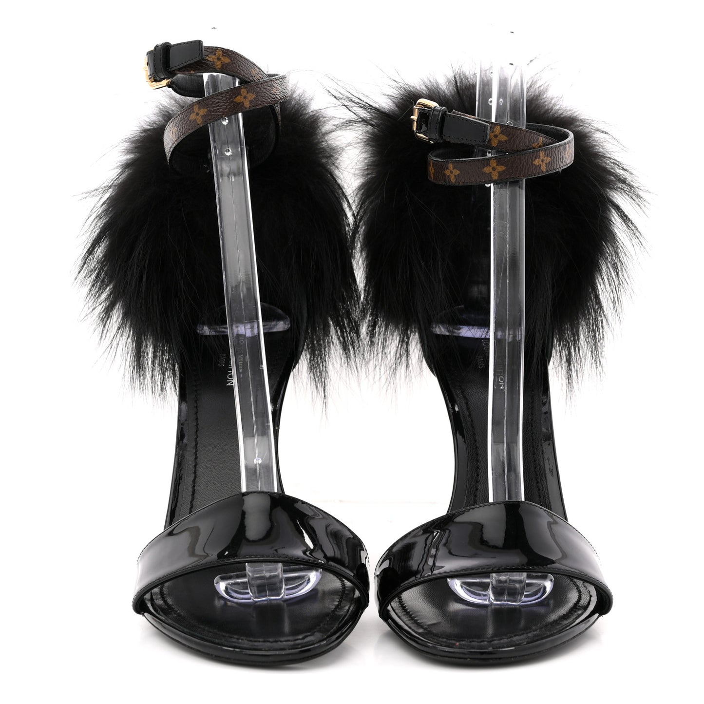 Monogram Patent Fur Sandals 38 Black