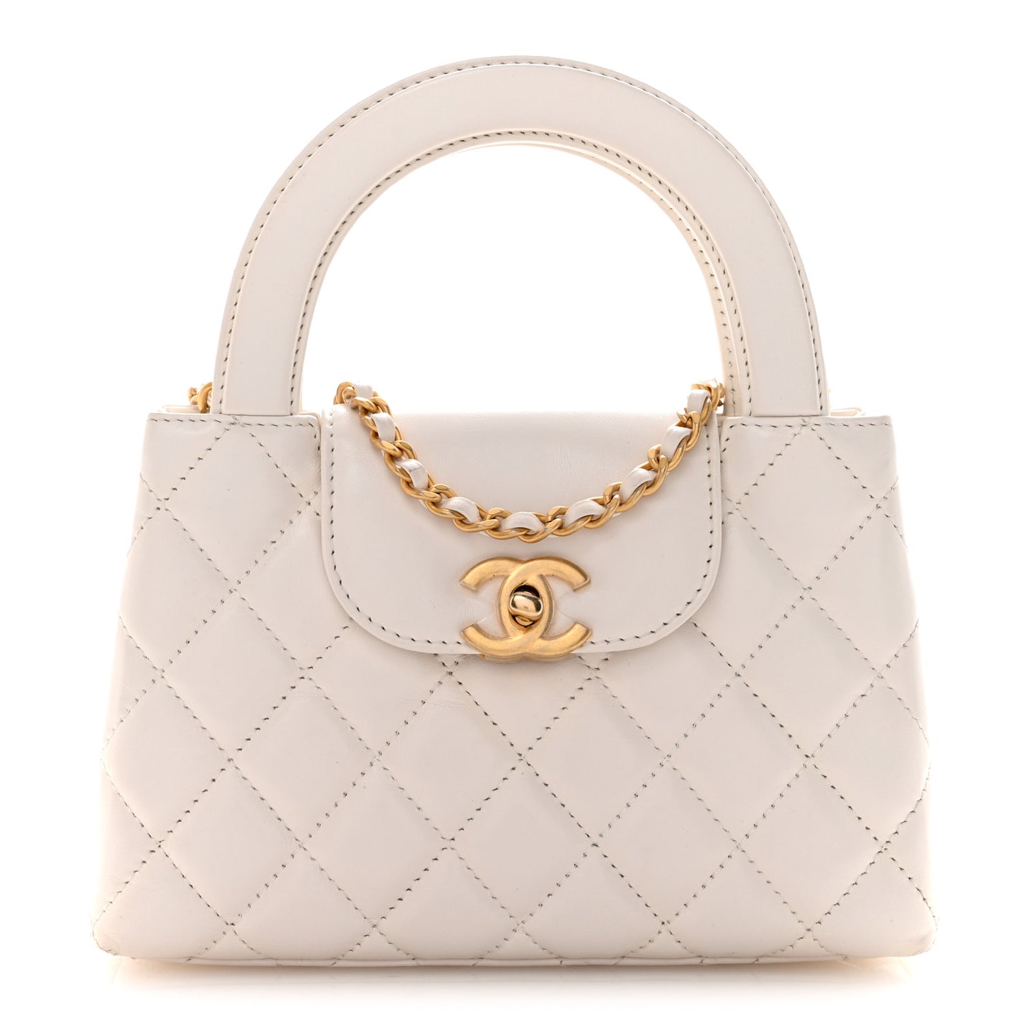 Shiny Aged Calfskin Quilted Nano Kelly Shopper White