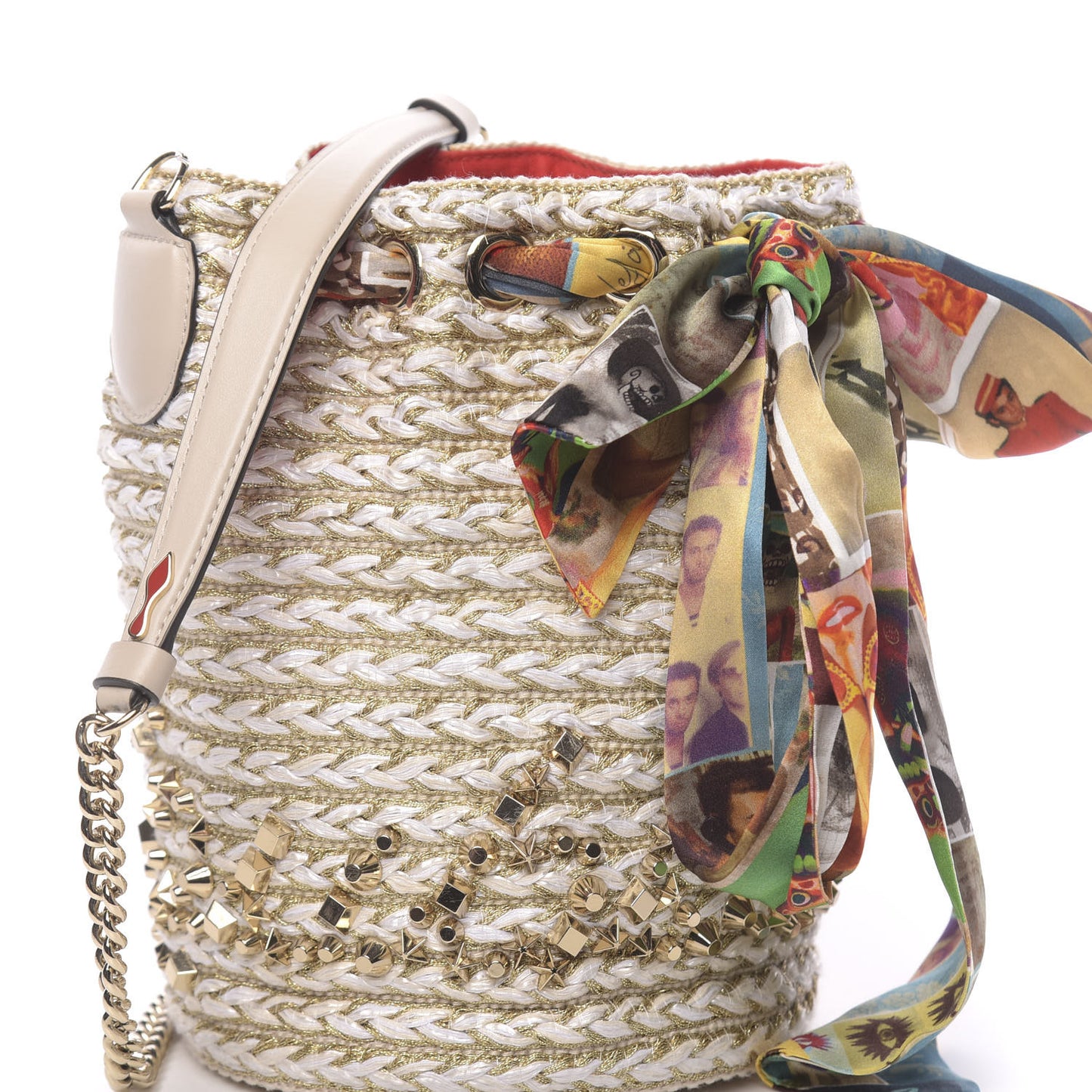 Woven Jute Crepe Satin Studded Marie Jane Bucket White Gold