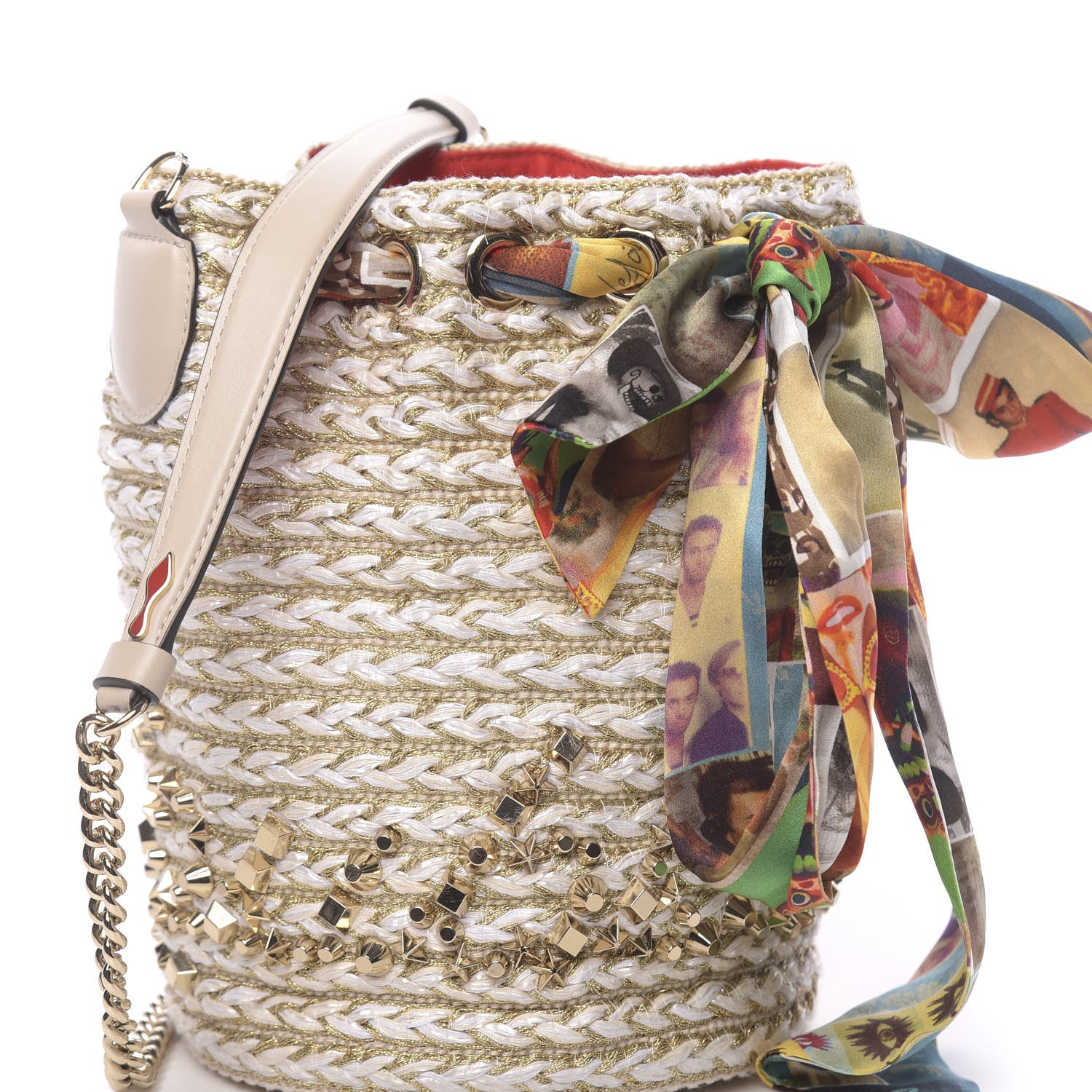 Christian Louboutin Woven Jute Crepe Satin Studded Marie Jane Bucket White Gold 7 of 9