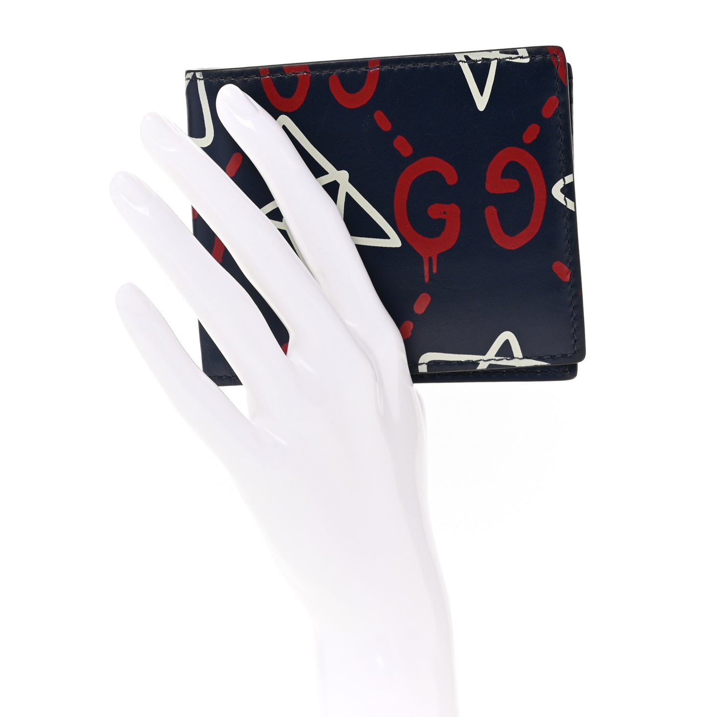 Calfskin GucciGhost Print Bi-Fold Wallet Blue Agata Hibiscus Red