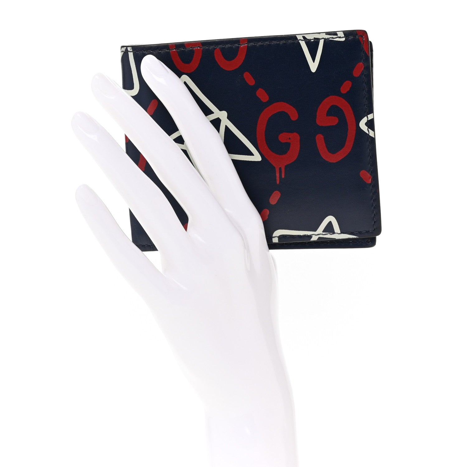 Gucci Calfskin GucciGhost Print Bi-Fold Wallet Blue Agata Hibiscus Red 2 of 10