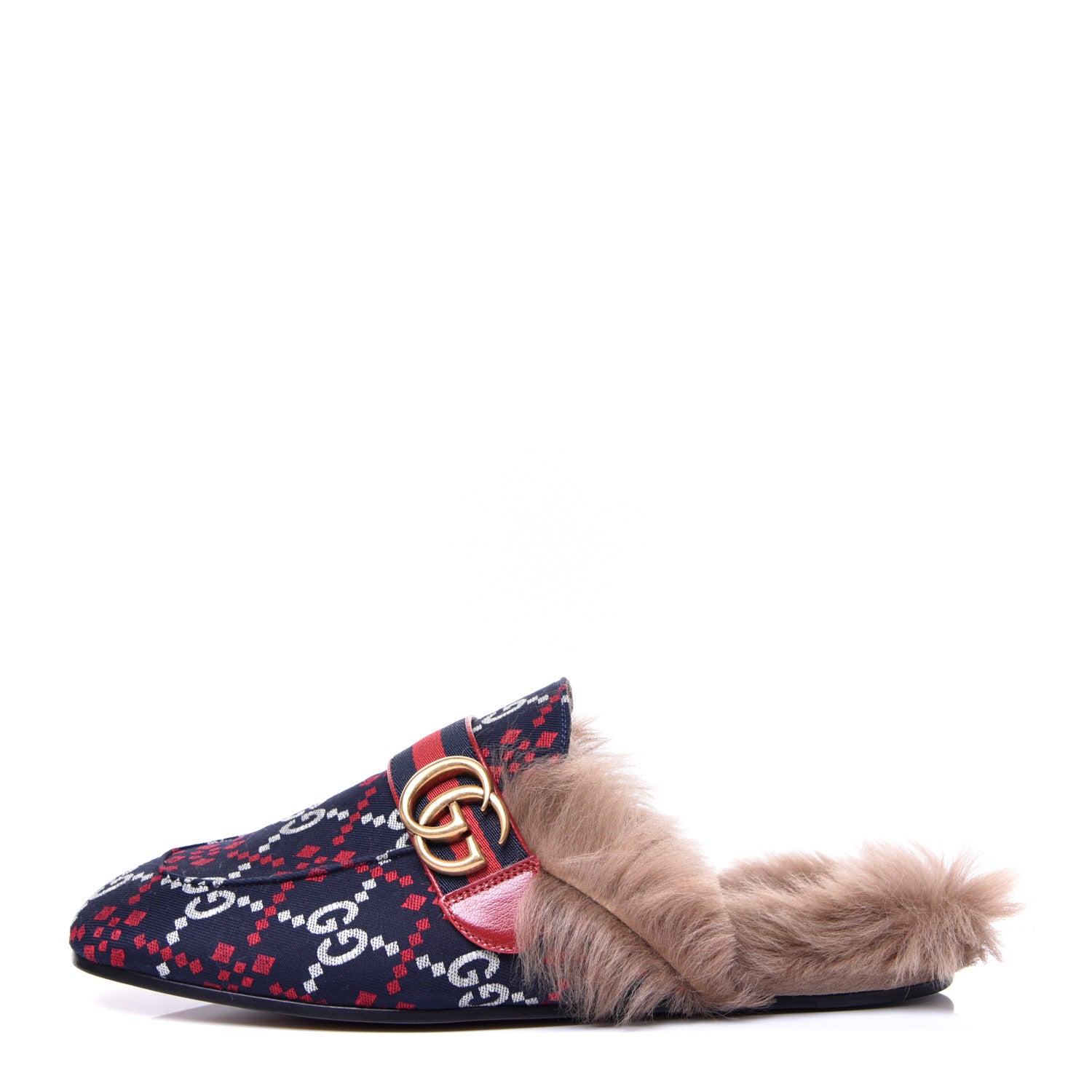 Gucci Canvas GG Monogram Diamond Fur Web GG Mens Princetown Slippers 7.5 Midnight Blue Hibiscus Red 1 of 9