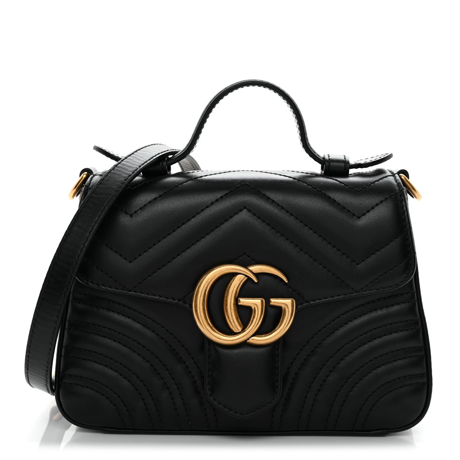 Gucci Calfskin Matelasse Mini GG Marmont Top Handle Shoulder Bag Black 1 of 12