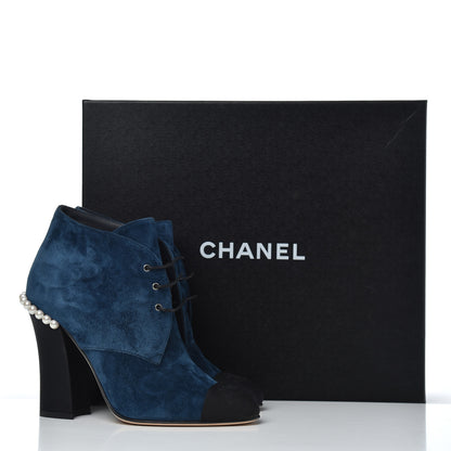 Chanel Suede Grosgrain Pearl Lace Up Booties 37 Dark Blue Black 16 of 16