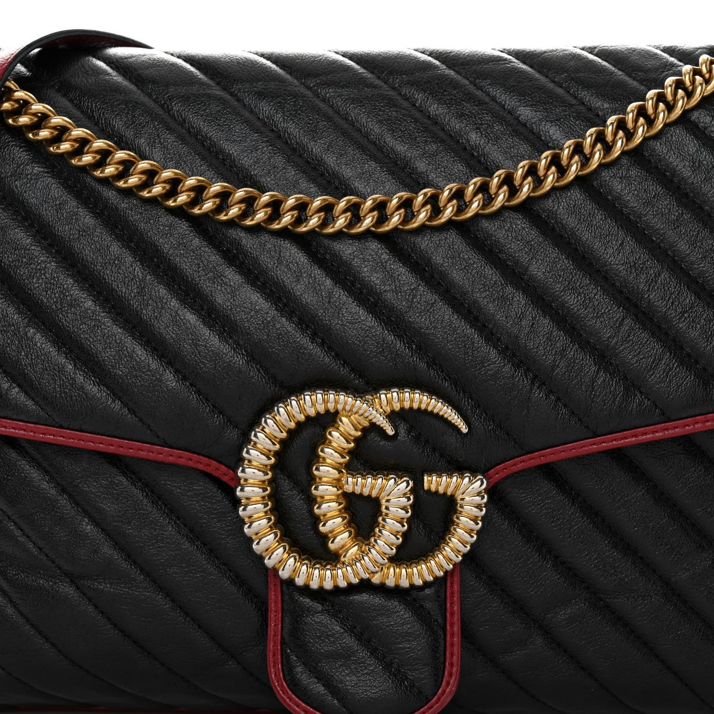 Vintage Effect Calfskin Matelasse Diagonal Large Torchon GG Marmont Shoulder Bag Black Romantic Cherry