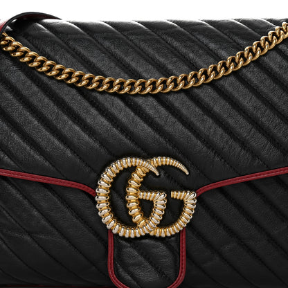 Gucci Vintage Effect Calfskin Matelasse Diagonal Large Torchon GG Marmont Shoulder Bag Black Romantic Cherry 8 of 10