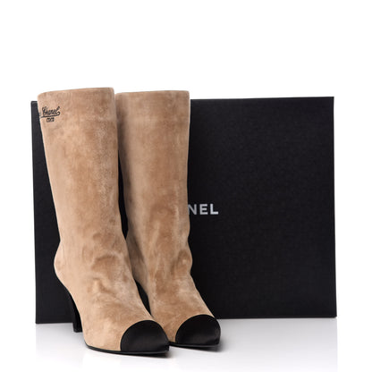 Chanel Suede Calfskin Satin Gabrielle Cap Toe Short Boots 40 Beige Black 8 of 8