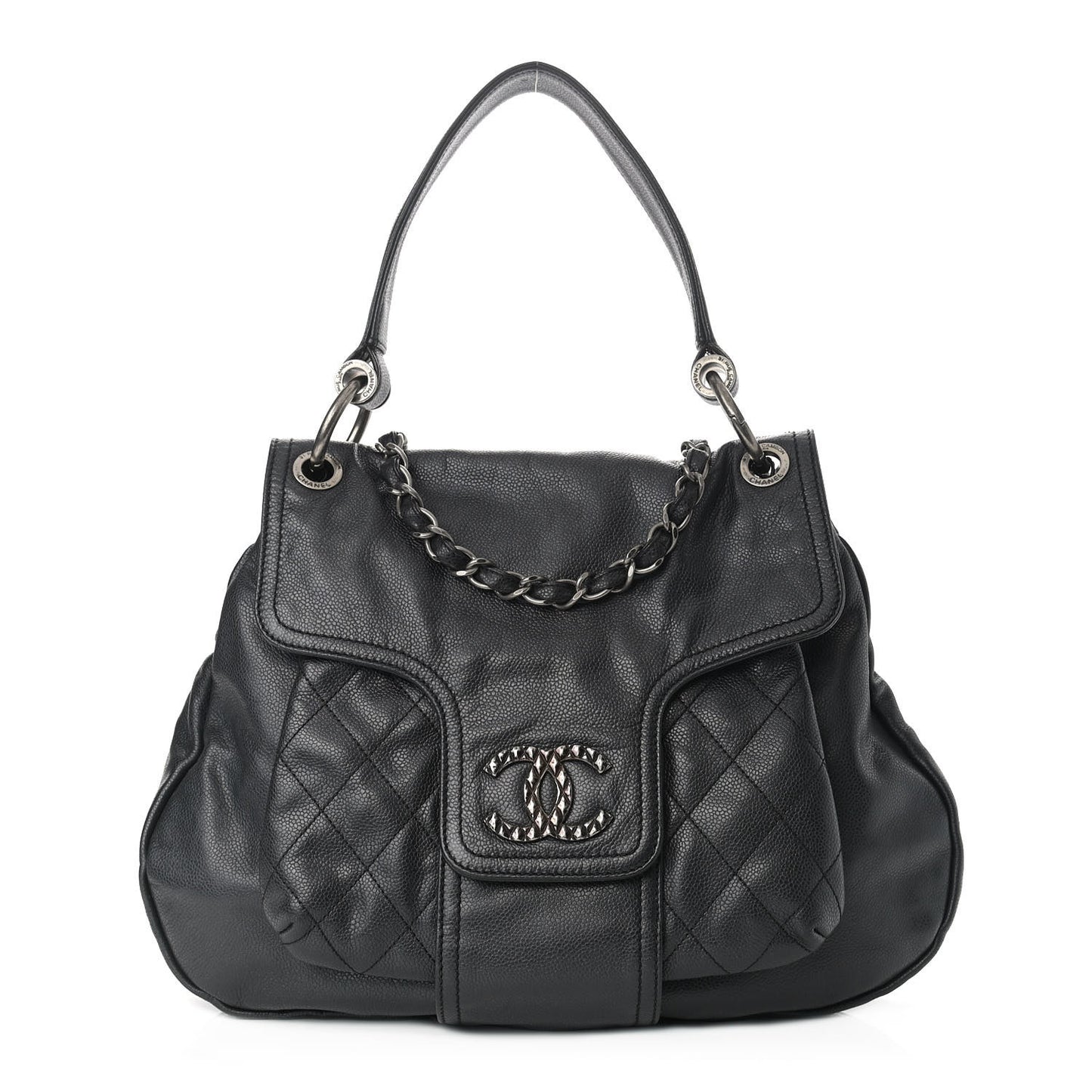 Glazed Caviar Coco Rider Flap Hobo Dark Grey