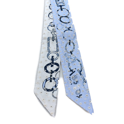 Hermes Silk Embroidered Do Re Boucles Broderie Anglaise Twilly  Bleu White Marine 2 of 3