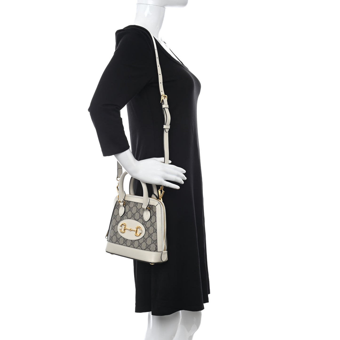 GG Supreme Monogram Azalea Calfskin Mini Horsebit 1955 Top Handle Bag Beige Ebony Mystic White