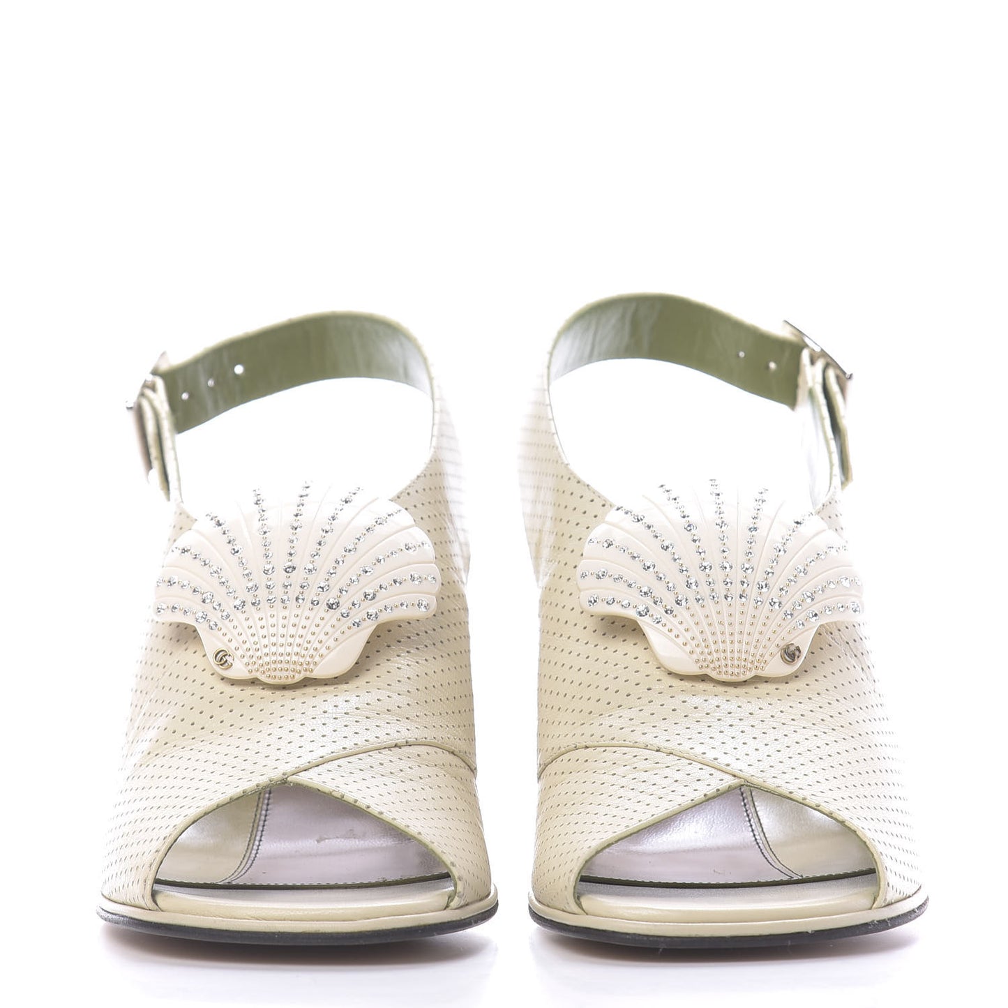 Calfskin Perforated Shell Embellished Slingback Sandals 41 Vintage White