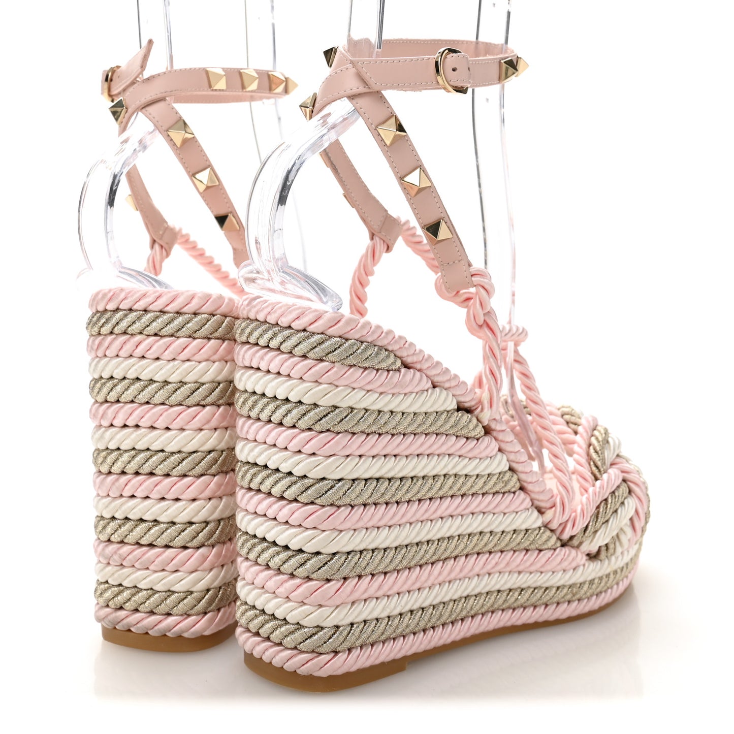 Calfskin Rockstud Rope Espadrille Wedge Sandals 37 Pink