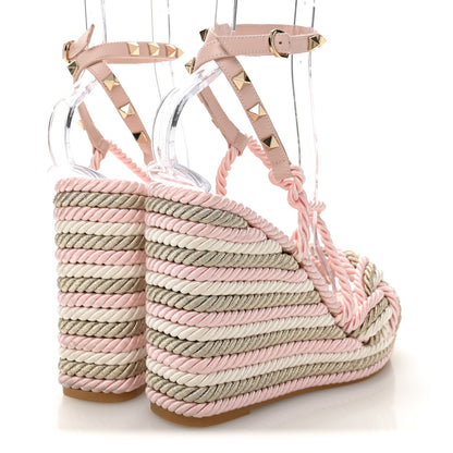 Valentino Garavani Calfskin Rockstud Rope Espadrille Wedge Sandals 37 Pink 4 of 8