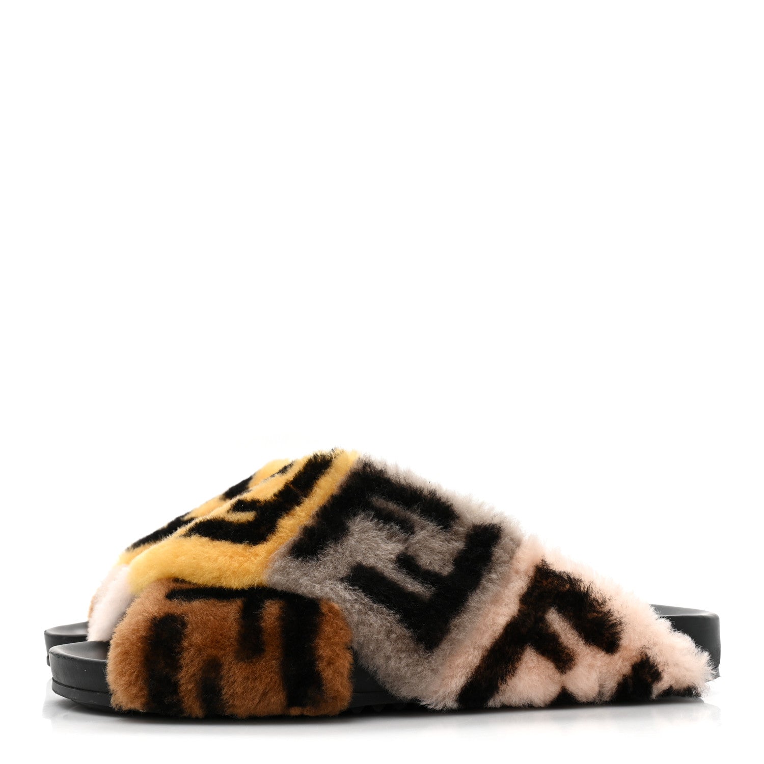 Fendi Shearling FF Cross Strap Slide Flat Sandal 37 Light Rose Black Tabacco 3 of 9