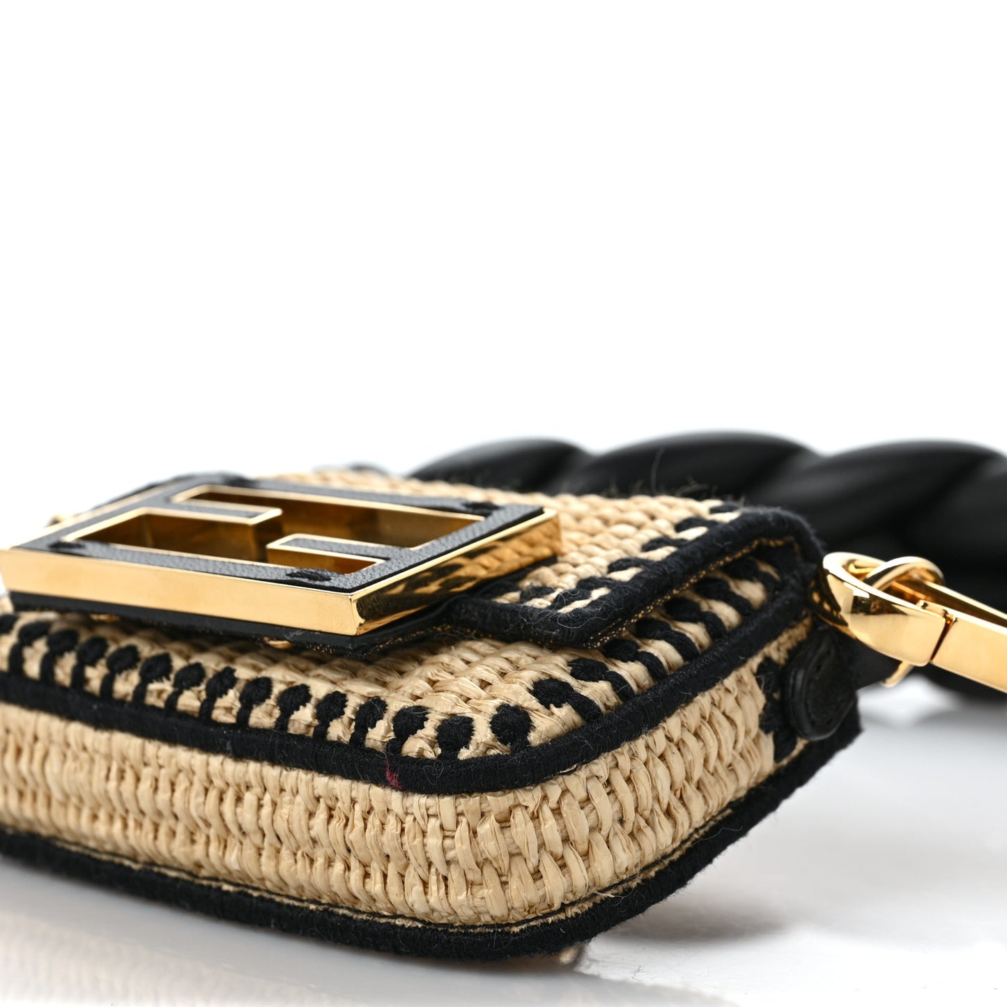 Straw Shiny Nappa Woven Nano Baguette Maxi Handle Charm Natural Black