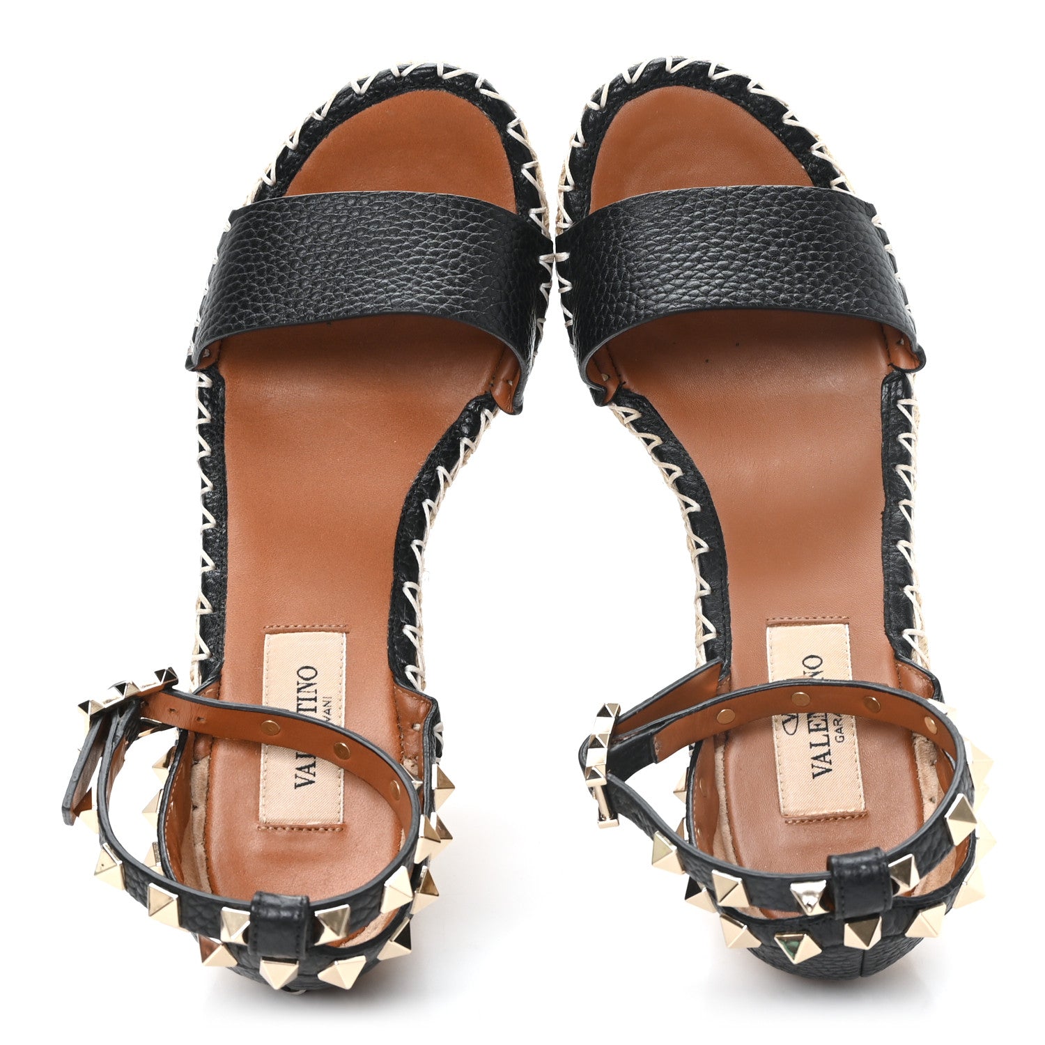 Valentino Garavani Grained Calfskin Rockstud Ankle Wrap Espadrille 15/85mm Wedges 35 Black Light Cuir 2 of 9