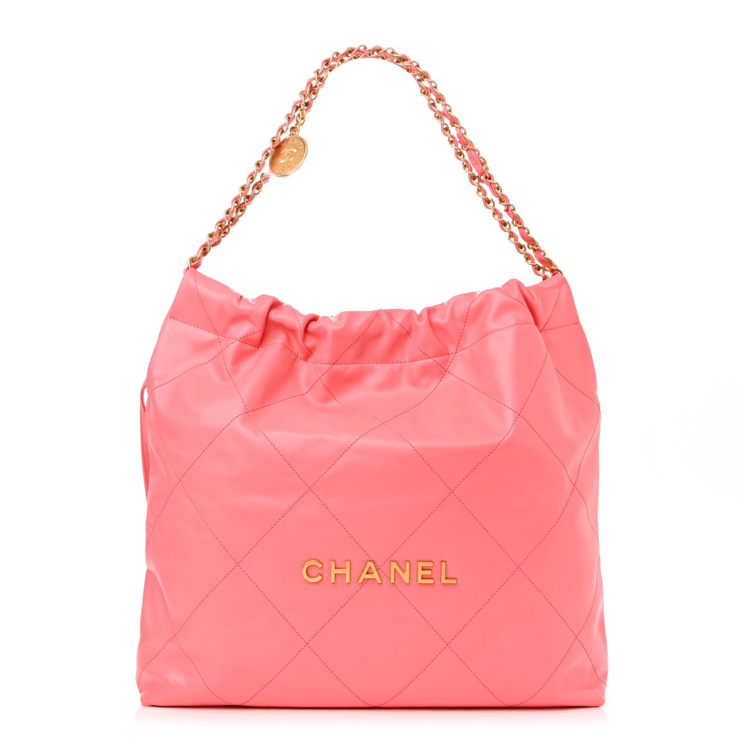 Chanel Shiny Calfskin Quilted Chanel 22 Drawstring Bag Coral Pink 3 of 11