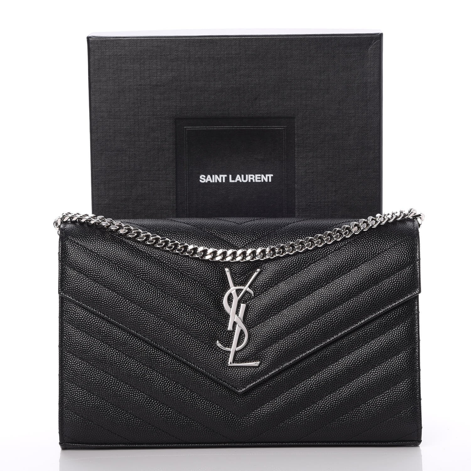 Saint Laurent Grain De Poudre Matelasse Chevron Monogram Chain Wallet Black 8 of 8