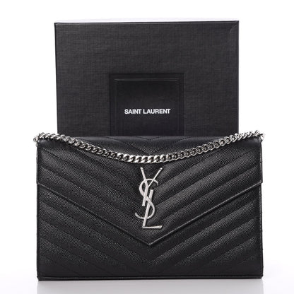 Saint Laurent Grain De Poudre Matelasse Chevron Monogram Chain Wallet Black 8 of 8