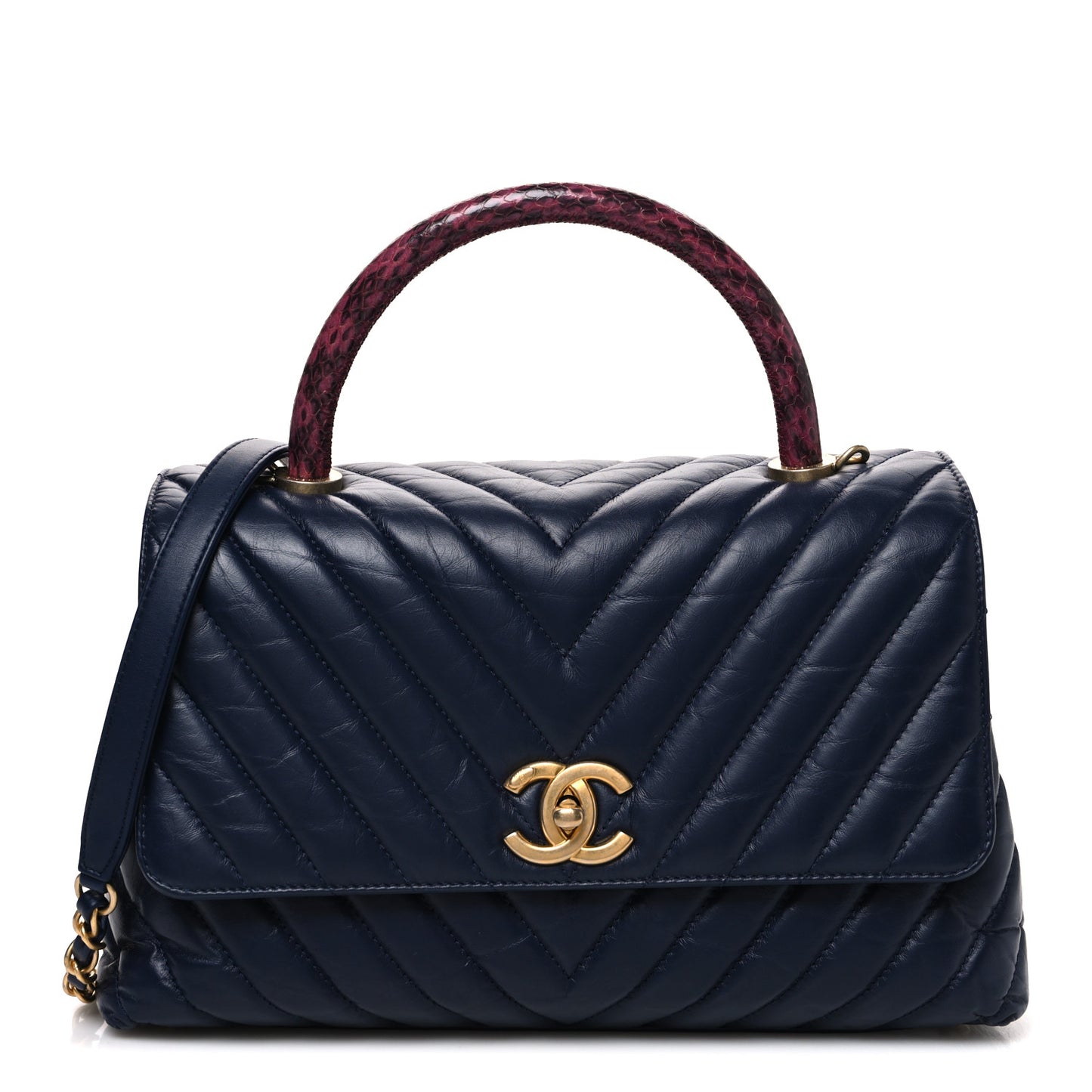 Aged Calfskin Elaphe Chevron Quilted Small Coco Handle Flap Navy