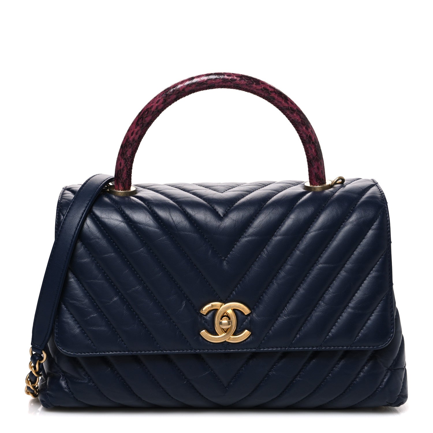 Chanel Aged Calfskin Elaphe Chevron Quilted Small Coco Handle Flap Navy 1 of 11
