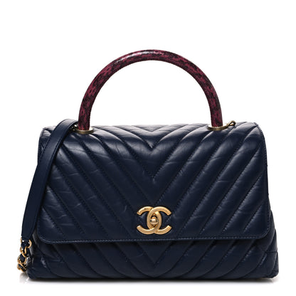Chanel Aged Calfskin Elaphe Chevron Quilted Small Coco Handle Flap Navy 1 of 11