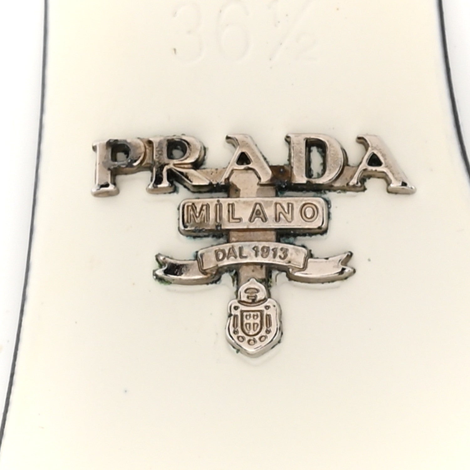 Prada Spazzolato Metal Triangle Logo Ankle Strap 100mm Sandals 36.5 Black White 7 of 10