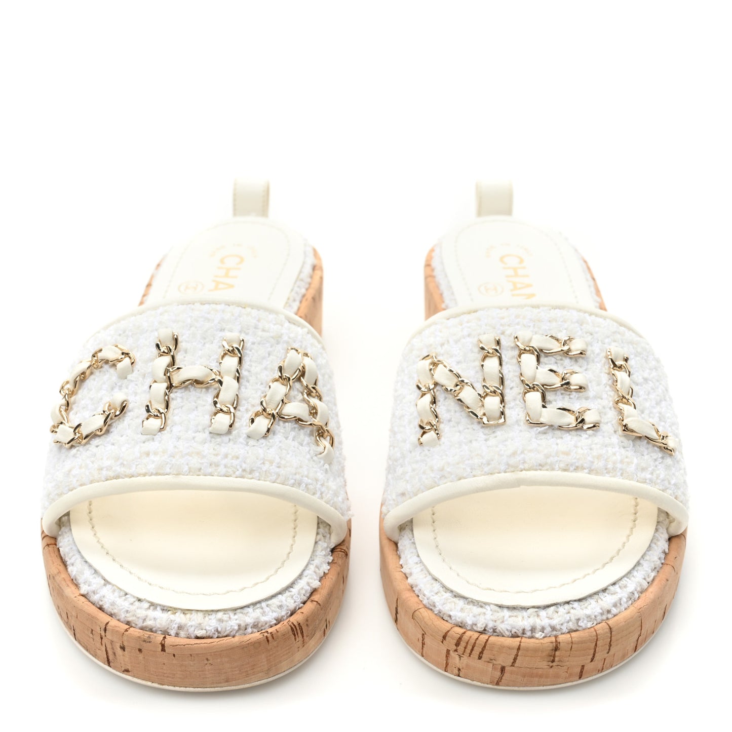 Tweed Cork CC Chain Mule Sandal 36.5 White