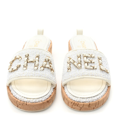 Chanel Tweed Cork CC Chain Mule Sandal 36.5 White 2 of 10