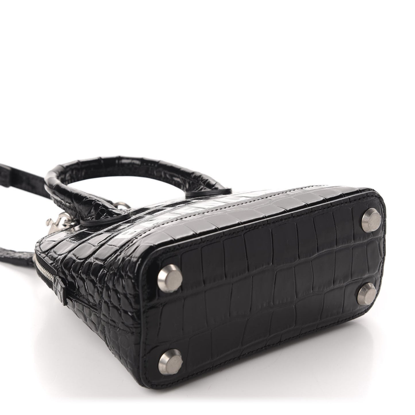 Shiny Calfskin Logo Crocodile Embossed XXS Ville Top Handle Bag Black White