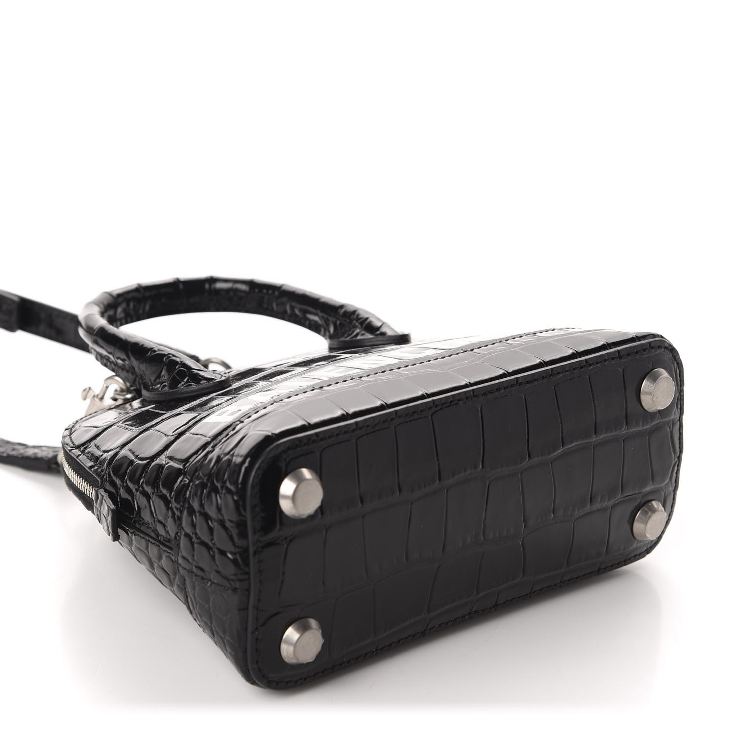 Balenciaga Shiny Calfskin Logo Crocodile Embossed XXS Ville Top Handle Bag Black White 4 of 9