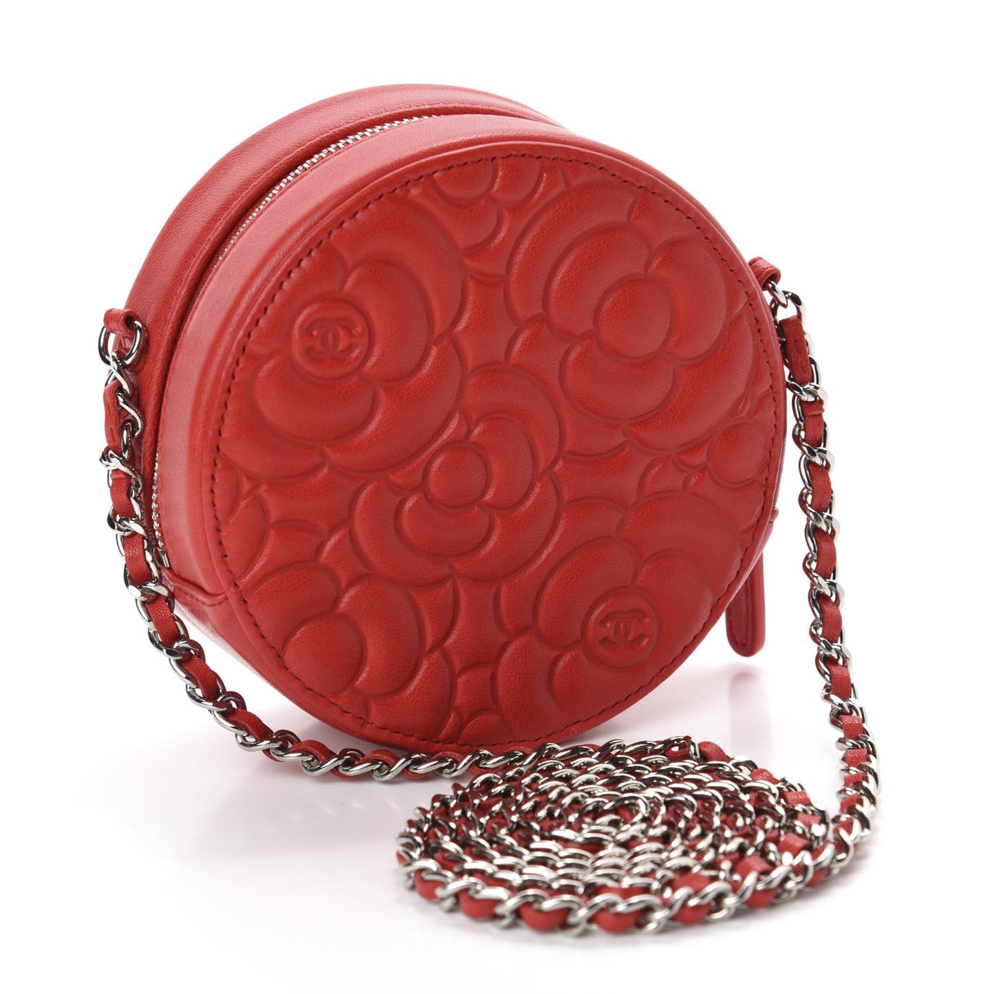 Goatskin Camellia Quilted Round Clutch With Chain Red