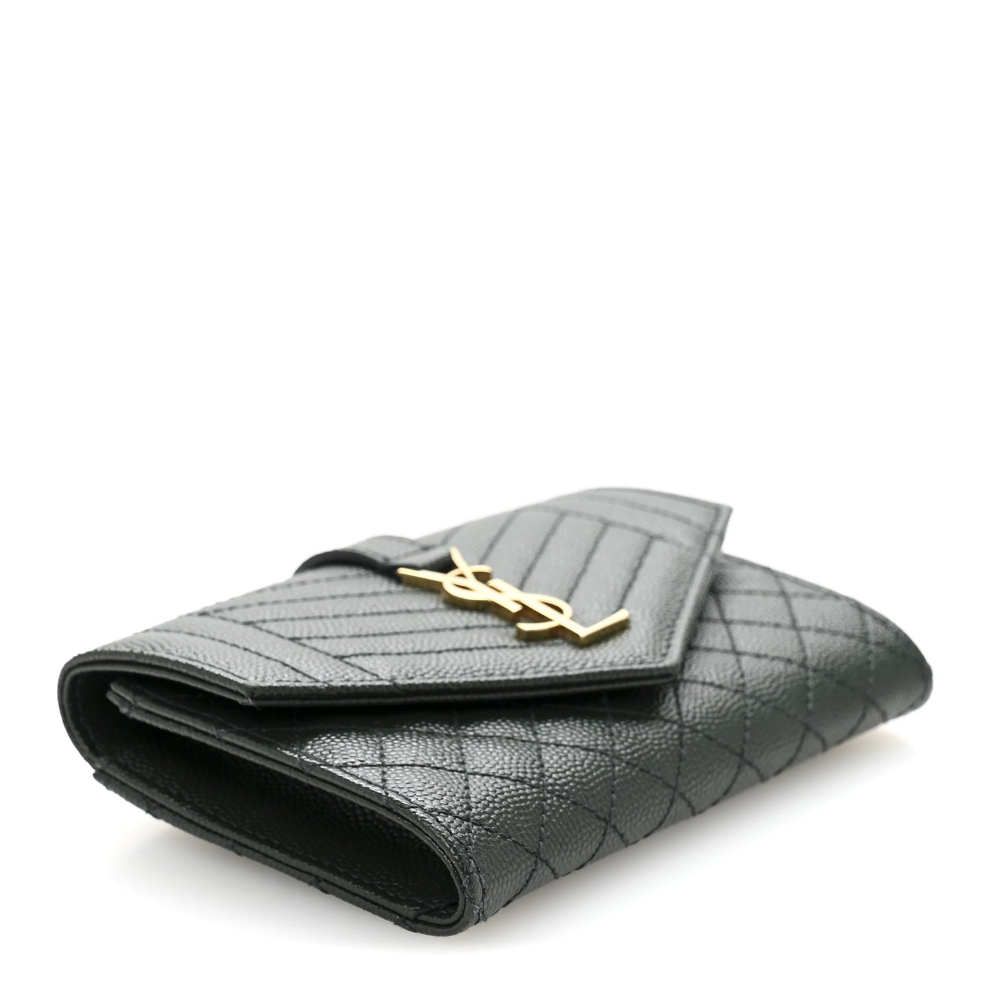 Grain De Poudre Textured Mixed Matelasse Triquilt Small Monogram Envelope Wallet Dark Green
