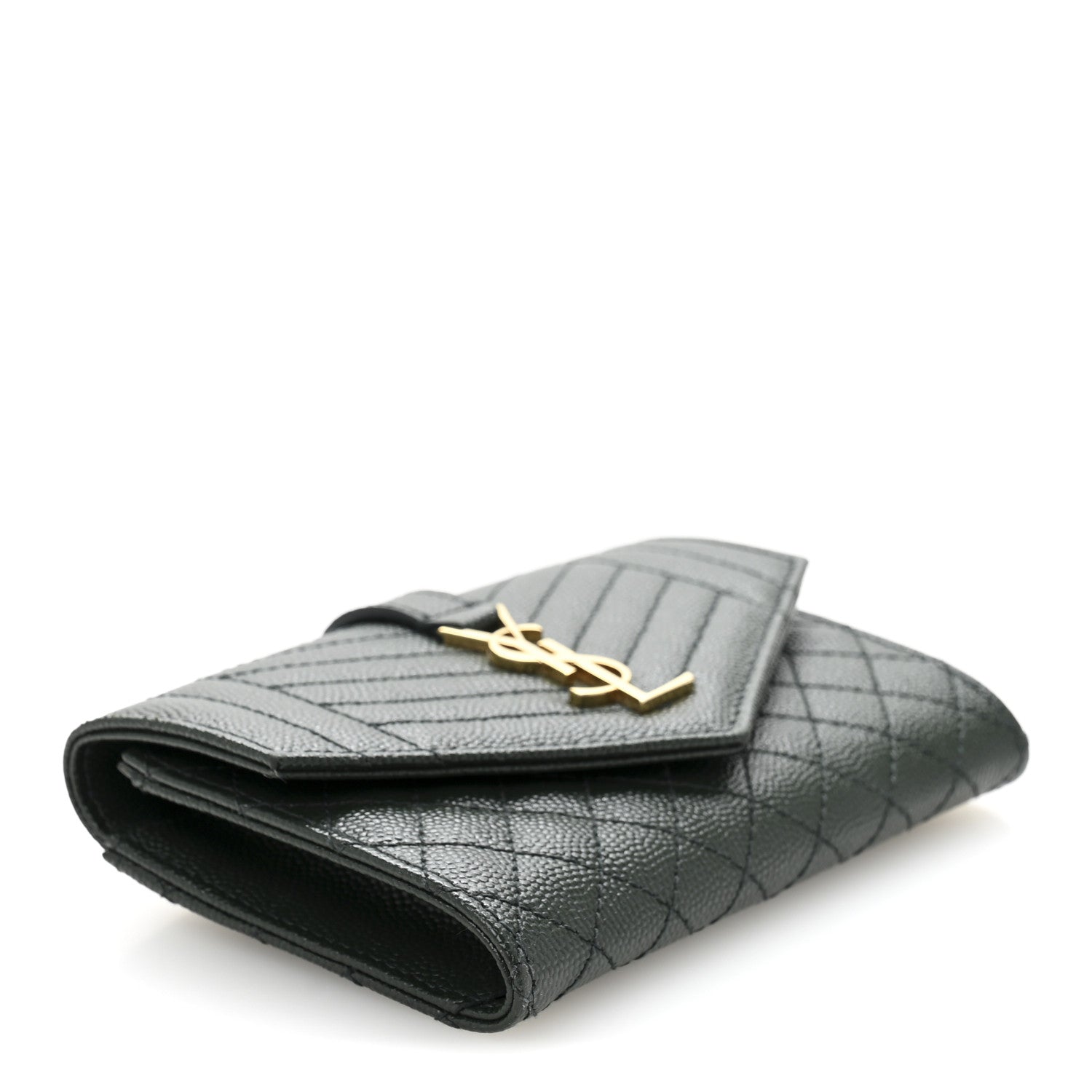 Saint Laurent Grain De Poudre Textured Mixed Matelasse Triquilt Small Monogram Envelope Wallet Dark Green 4 of 10