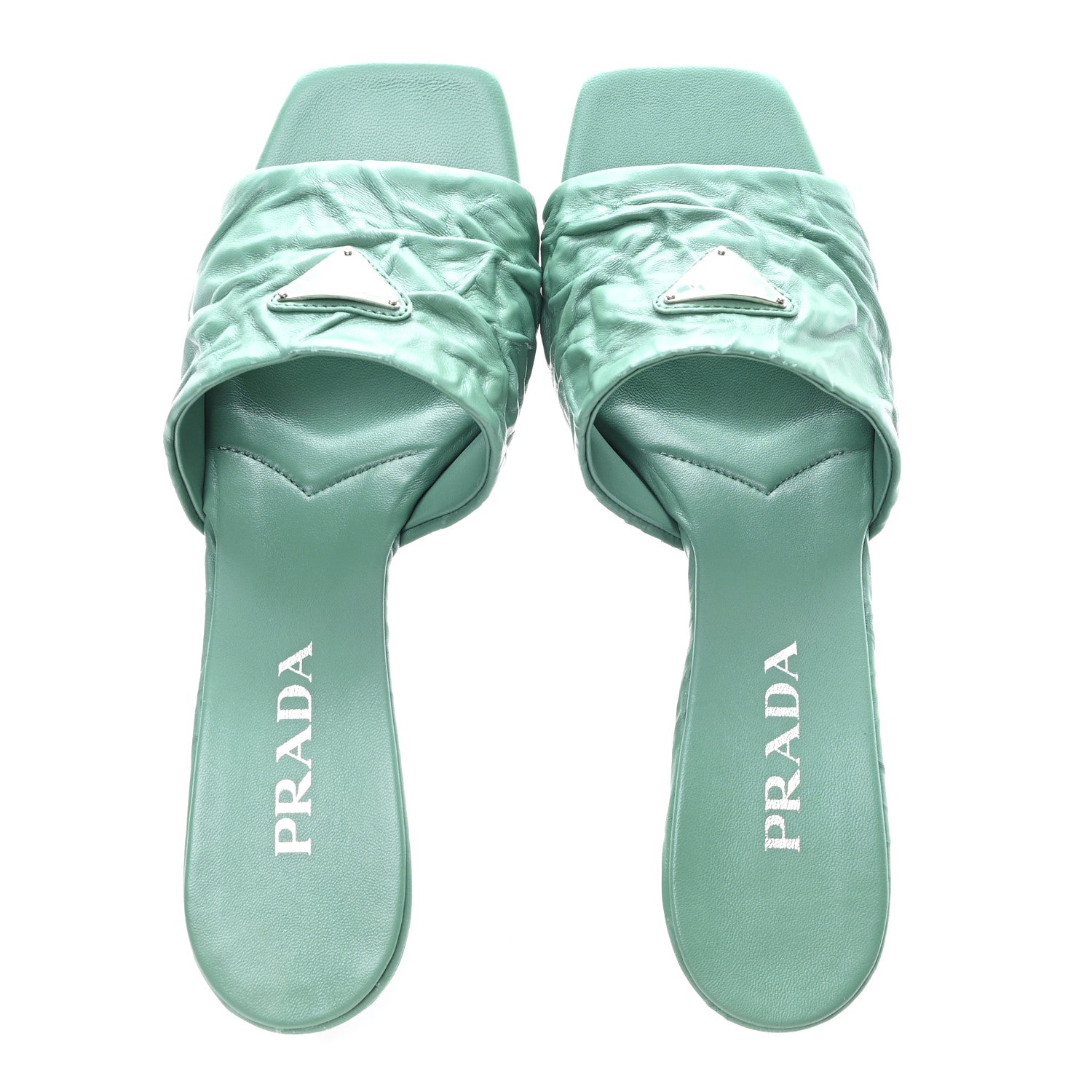 Prada Nappa Antique Metal Triangle Logo 55mm Slide Sandals 40 Salvia 2 of 9