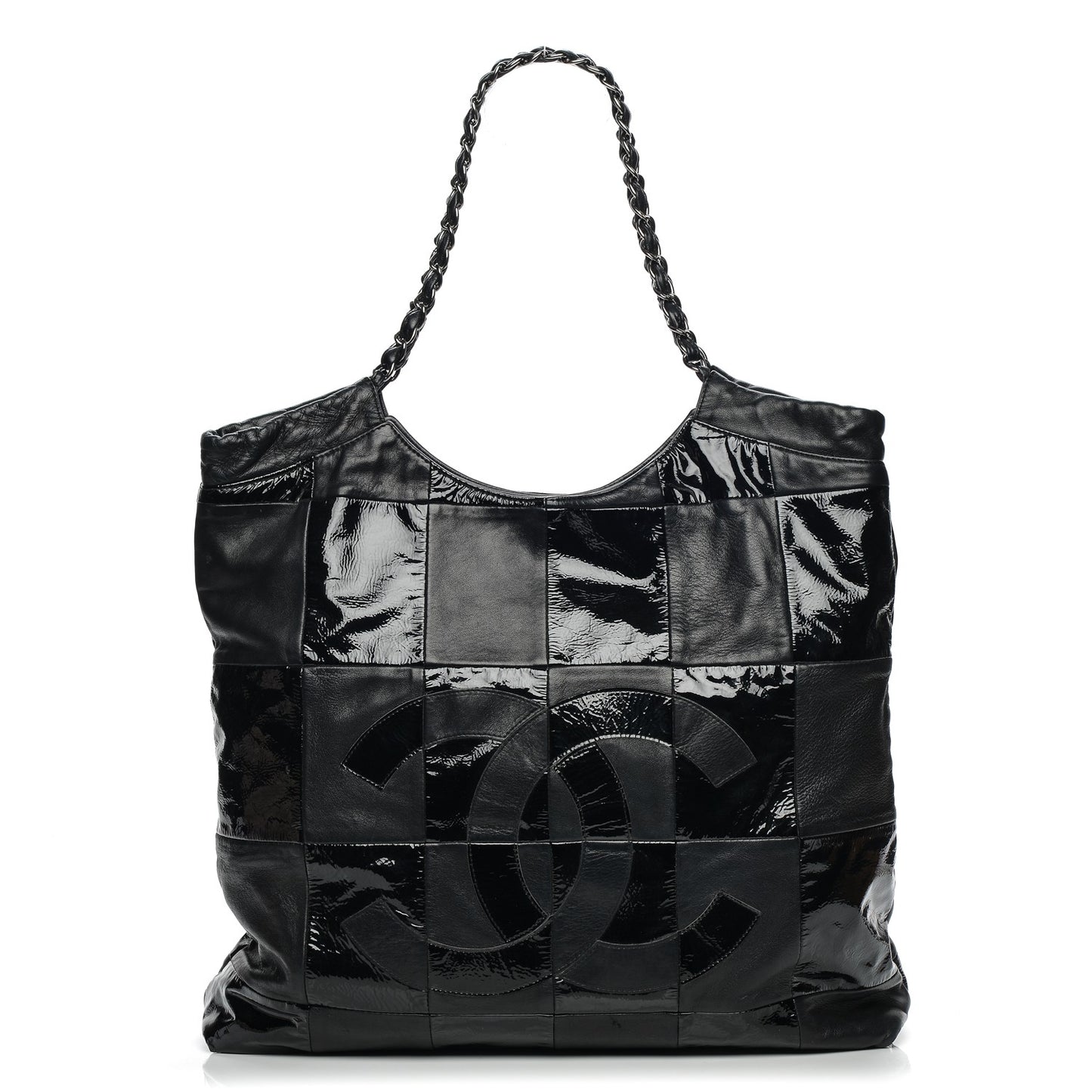 Patent Calfskin Patchwork Brooklyn Tote Black