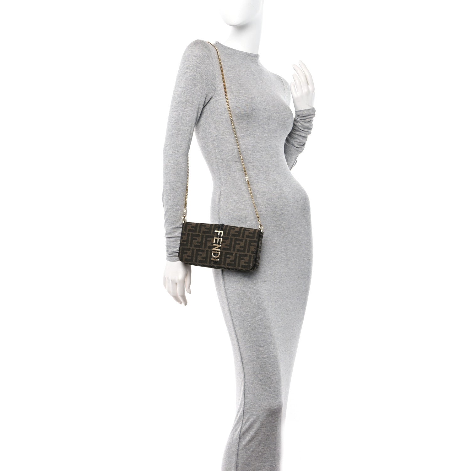 Fendi Fabric Jacquard Vitello Grace FF 1974 Fendigraphy Wallet On Chain Tobacco Moro Ebano 2 of 14