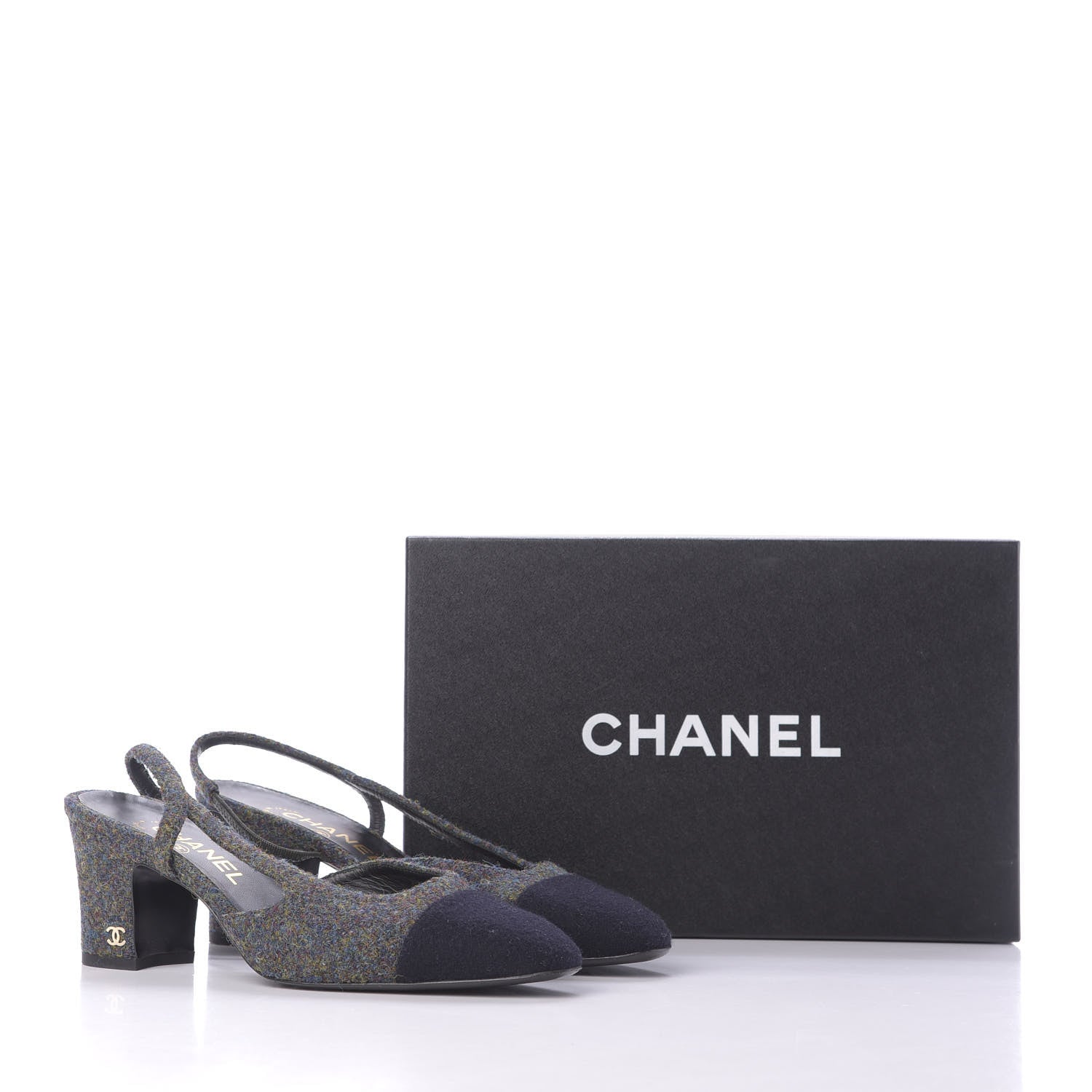 Chanel Wool Cap Toe CC Slingback Pumps 38 Black Dark Grey 13 of 13